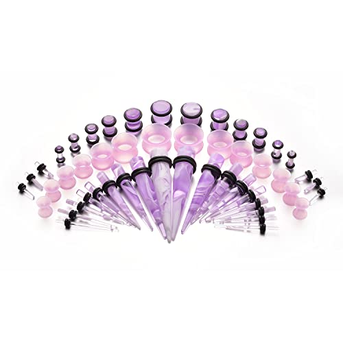 vogem 50Pcs Violet Ear Gauges Stretching Kit 14G-00G Silicone Ear Tapers and Tunnel Marble Pattern Ear Stretchers Expander Piercing Set Body Jewelry