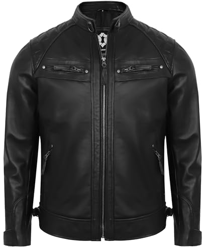 Image of Leather Jacket Men - Real Lambskin Motorcycle Jacket with Snap Tab Collar, Adjustable Waist & Zippered Pockets