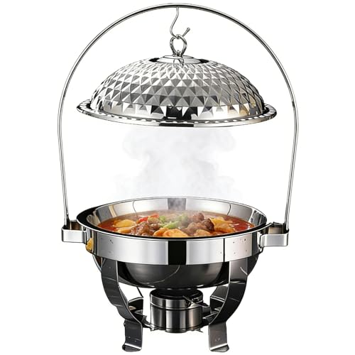 Plato de acero inoxidable con tapa, bandeja redonda de calentamiento para fiestas y eventos, calentador de alimentos de encimera y juego de servidores