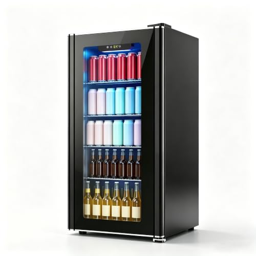 Image of COWSAR 3.2 Cu. Ft. Beverage Refrigerator, Up to 130 Cans or 26 Bottles | Electronic controls with an LED display adjust cooling from 32-61F, while the glass door keeps drinks easy to view.