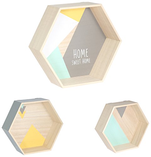 THE HOME DECO FACTORY -HD4508 - Lot de 3 Etagères Hexagonales, Bois, Vert/Gris, 35 x 11 x 30 cm