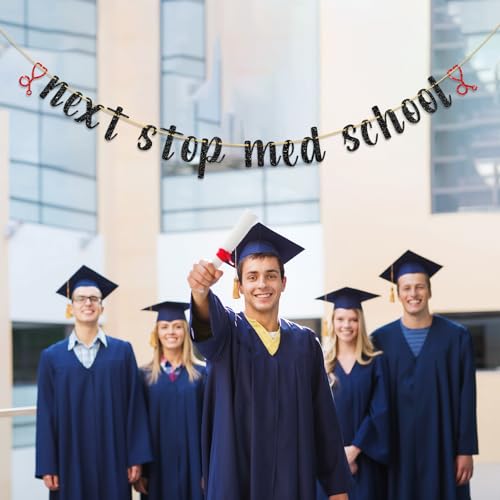 Image of Next Stop Med School Banner, Congrats Doctor /Future Doctor Party Decorations, Class of 2025 Medical School Graduation Party Decorations Supplies, Black and Red Glitter