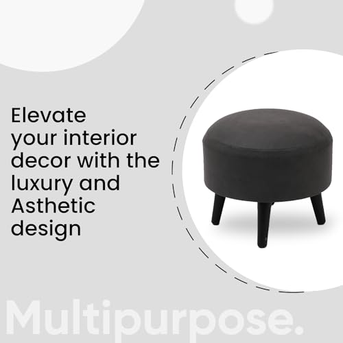 Image of Wooden Ottoman Stool Combo /Bundle for Sitting with Wooden Legs | Round Bench Coffee /Side /End Table for Living Room Furniture Home Dressing Decor - Storage Cum Seating Box (16-in Grey) 02-Pc