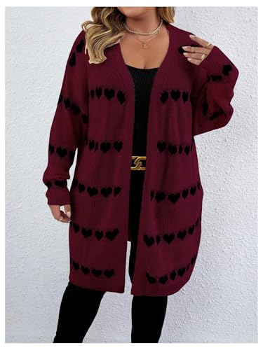 Image of MakeMeChic Women's Plus Size Long Cadigan Sweaters Casual Open Front Kint Lightweight Cadigan Heart Long Sleeve Outerwear