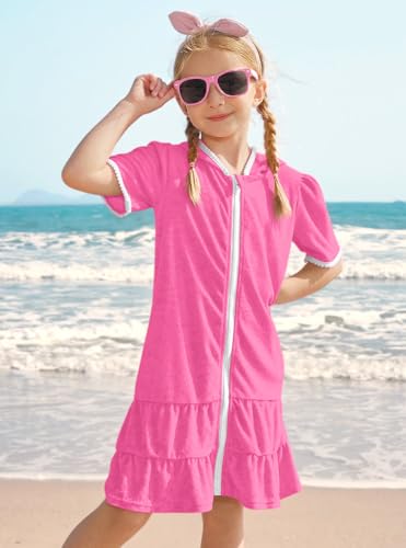 Image of BesserBay Girls Summer Beach Quick Dry Cover Up Ruffle Hem Terry Smocked Hooded 4-14 Years with Pockets