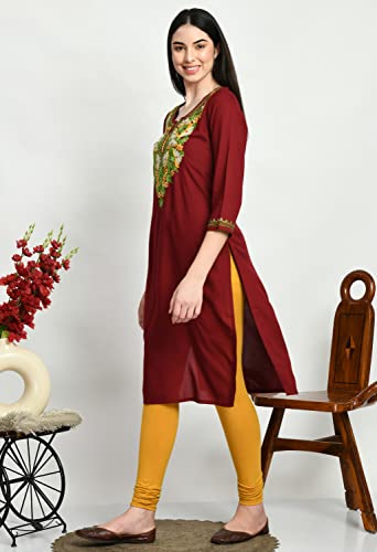 Image of QAZMI Women's Rayon Cotton Keyhole Neck Three-Quarter Sleeves Kashmiri Embroidered Straight Kurta