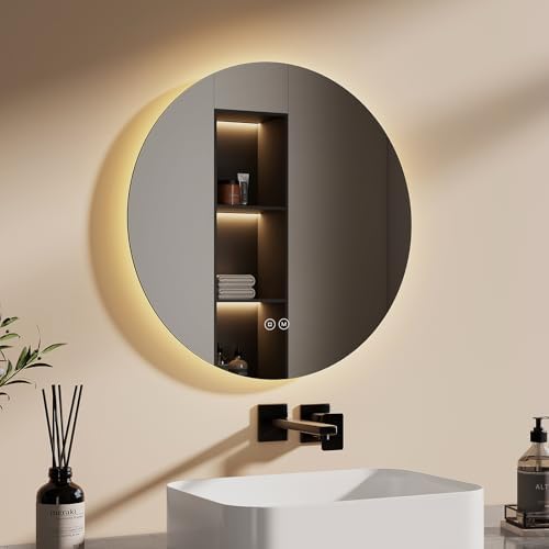 EMKE Bathroom Mirror with Round Light 50 cm – Dimmable LED Bathro...