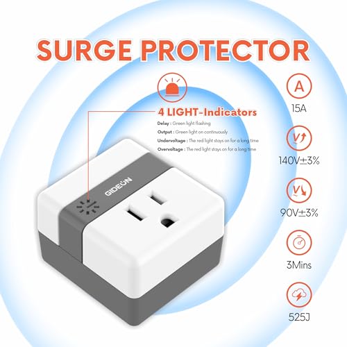 GIDEON Protecteur de pression à sortie unique, réfrigérateur 120V, 525J Protection contre les surtensions/sous tension, 15A 1800W Plug mural pour réfrigérateur, TV, PC & Appareils ménagers