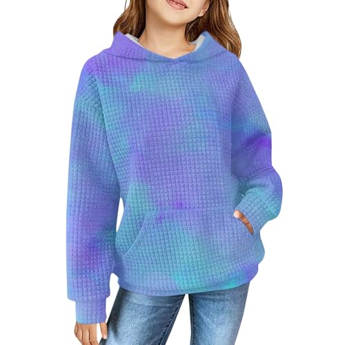 Waffle Hoodies for Teen Girls Y2K Long Sleeve Oversized Pocket Gradient Pullover Tops Tie Dye Preppy Clothes for Teen