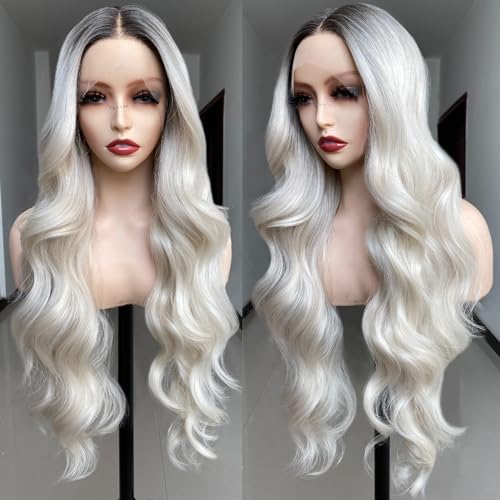 SISgrace Ombre White Grey Lace Front Wig Synthetic Body Wave