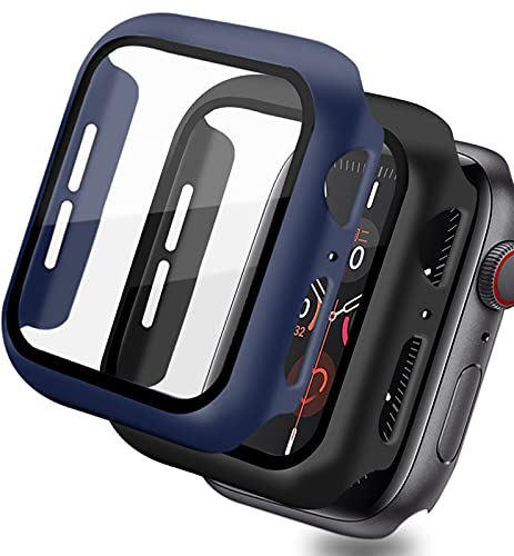 Pocoukate Lot de 2 coques de protection en verre blindé pour Apple Watch Series 4 5 6 SE 40 mm - Protection intégrale anti-rayures pour iWatch 40 mm - Noir + bleu marine Cover
