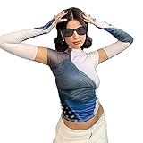 Patchwork Sheer Mesh Y2K Crop Tops for Women Aesthetic See Through Tank Top with Gloves Goth Summer...