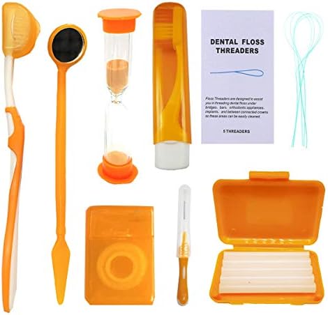Braces Cleaning Kit for Teeth, Portable Orthodontic Toothbrush Kit Oral Care Dental Travel Kit - Interdental Brush Dental Wax Dental Floss Toothbrush Box (Orange)