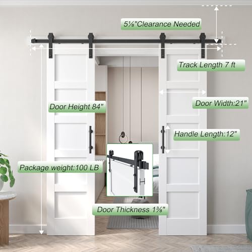 Image of Fredbeck Double 21inx84in White Barn Door and 7FT Sliding Barn Door Hardware Kit Included,Solid,MDF, PVC Surface,DIY Assembly,5-Panel,Fit 38in-41in Opening