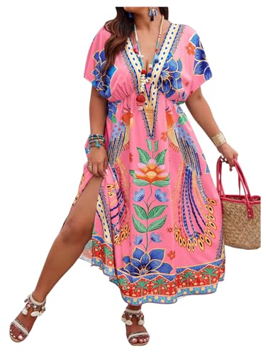 Image of Floerns Women's Plus Size Tribal Print Dolman Sleeve Slit Summer Maxi A Line Dress