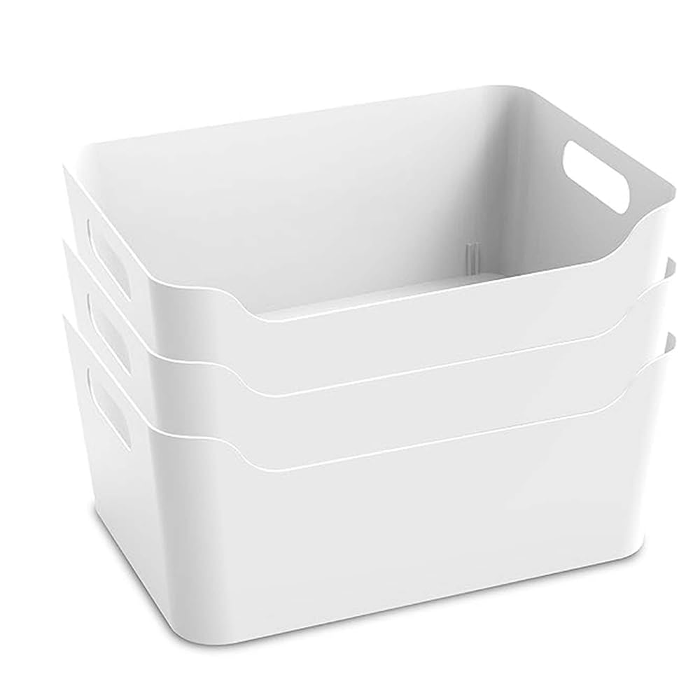 KOLORR Jolly Plastic Large Basket with Handle for Storage Box| Multipurpose Light Weight Plastic Baskets organiser for Clothes Toys Stationary Cosmetics Livingroom Bathroom | Pack of 3 - Nir White