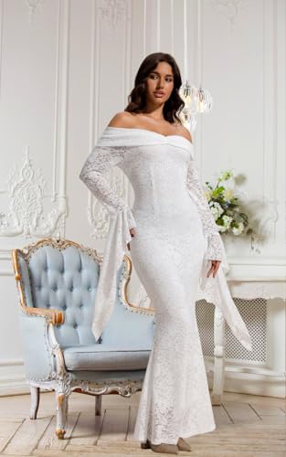 Image of Cercis Womens Off The Shoulder Floral Lace Maxi Wedding Dress Boho Flowy Wedding Guest Formal Long Dresses