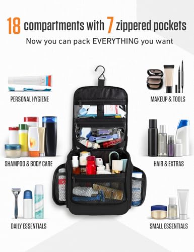 Image of VENTURE 4TH Hanging Travel Toiletry Bag, 18 Compartments - Black | Hangs on rails, hooks or doors; stands upright. Removable TSA pouch. Water-resistant Nylon 290D Twill, reinforced stitching.