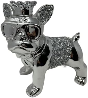 Crystal Crown Bling Crushed Diamond Silver Bull Dog Ceramic Sparkly Crowned Puppy Shelf Sitter Ornament