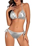 Womens Two Piece Swimsuit Metallic Halter Top Bikini 2 piece Bathing Suits Brazilian Swim Suit Silver S
