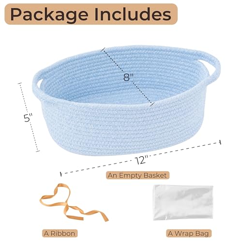 Image of Small Woven Gift Basket Empty with Bag & Ribbon, Storage Basket for Father's Day for Dad, Baby Shower, Raffle, Birthday, Cute Organizer with Handles, 12 inchx8 inchx5 inch, Blue