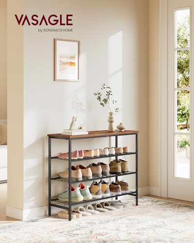 Image of VASAGLE Shoe Rack, Shoe Storage Rack for Closet, Entryway, Living Room, Free Standing Metal Organizer Shelf, 4 Tiers, 11.8 x 29.5 x 27.2 Inches, for 12-16 Pairs, Rustic Brown and Ink Black ULBS049KD01