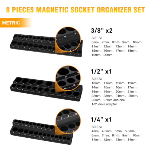 Image of GOOACC 8 PCS Magnetic Socket Organizer, Heavy Duty Socket Organizer Tray 1 /4 inch 3 /8 inch 1 /2 inch SAE Metric Drive Sockets Holds 199, Magnetic Socket Holder for Tool Box Drawer Chest Garage Storage, Black&Green