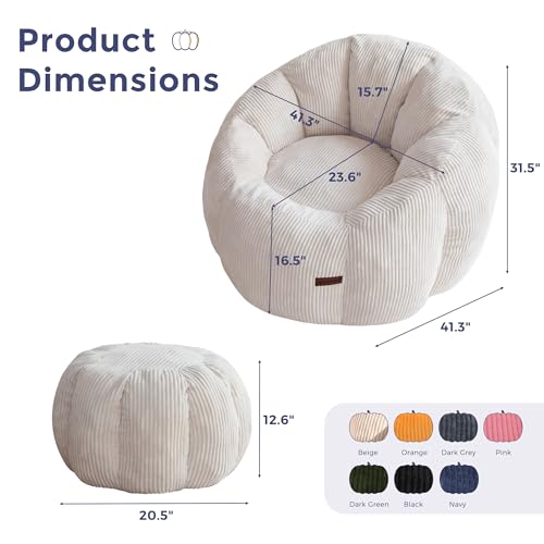 Image of MAXYOYO Giant Bean Bag Chair with Ottoman, Pumpkin-Shaped Bean Bag Sofa with Footstool, Oversized Boneless Couch Chair in a Box, Comfy and Lazy Lounge for Dorm, Living Room, Bedroom, Beige