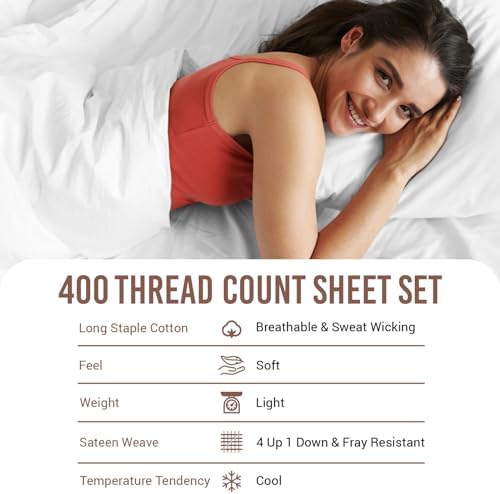 Pizuna 400 Thread Count Queen Cotton Bed Sheets Set, Long-Staple Cotton Sheet Sets Queen Size, Cooling 4 Piece Hotel Luxury Bedding Set with 15" Deep Pocket Fitted Sheet (Queen, White) - Thumbnail 5