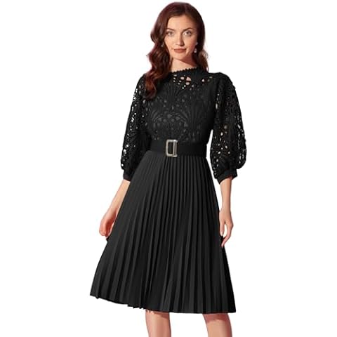 Allegra K Women's Floral Lace Dress with Belt Cover