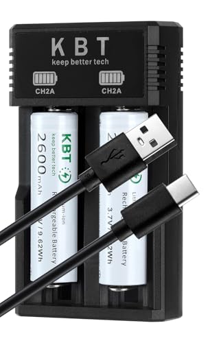 KBT 3.7V Li-ion Battery Charger with 2Pack 3.7V 2600mAh Battery Smart Charger for 14500 18350 18500 18650 21700 26650 Batteries