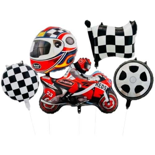 Image of Party Warehouse Racing Bike Theme Birthday Decoration Combo Set 5pc | Motorbike Foil Balloon with Helmet, Tyre & Checkered Flag Balloons | Racing Theme for Boys | Bikers & Kids /Adults Party