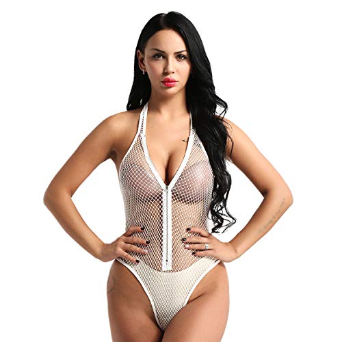 inlzdz Women's Lingerie Sheer Mesh Fishnet Halter Neck Backless Zip Up Leotard Teddy Bodysuit White Large