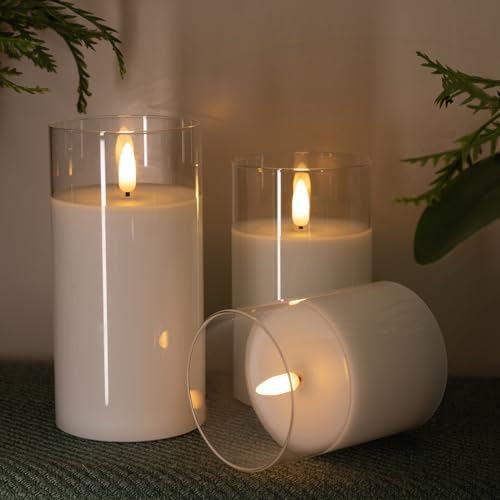Image of Color Changing Flameless Candles Remote Timer Party Decor Set of 3 | Multicolor Light, White Glass, Real Wax, Steady LED Flame, 18 Key Remote, Timer, 3 Sizes, Set Of 3