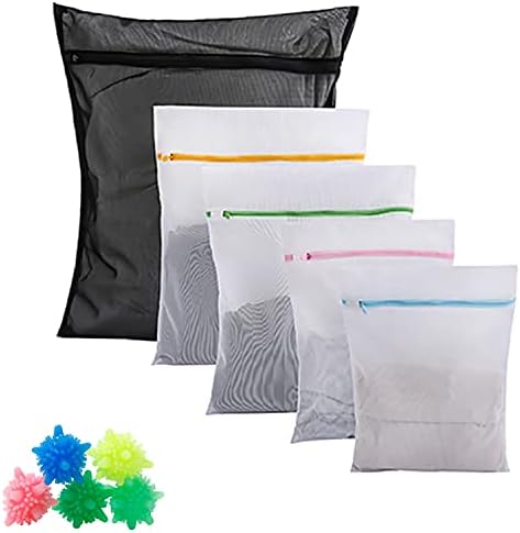 【5Pcs】Mesh Laundry Bags , Lingerie Bags for Laundry,Clothing Washing Bags ,Wash Bags for Washing Machine,Blouse, Hosiery, Underwear, Bra, Travel Organize Bag 3 sizes + 5 Laundry balls(Random Color)