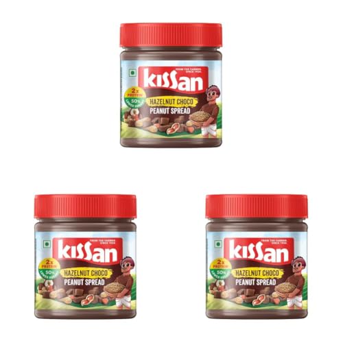 Image of KISSAN Hazelnut Choco Peanut Spread, 350g, for a Tasty Breakfast, with 18% Protein & 30% Dark Chocolate Creme, 50% Less Sugar than Leading Spreads, no Added Colours or Preservatives (Pack of 3)