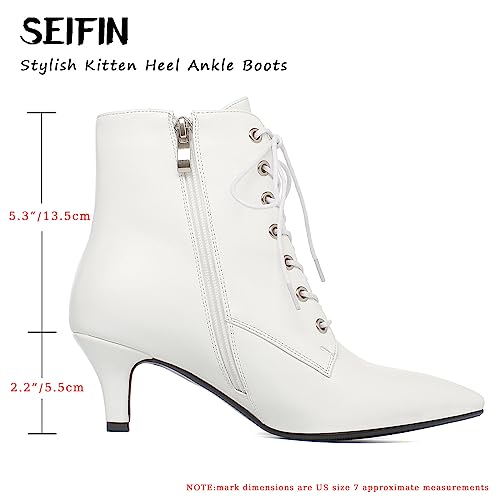 SEIFIN Women's Kitten Heels Lace Up Ankle Boots Low Mid Heeled Side Zipper Short Booties Pointed-Toe Shoes2