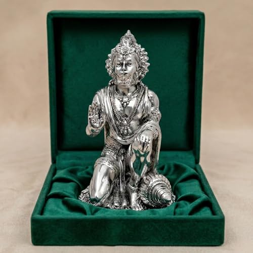 Image of Silver Plated Hanuman Idol - 7 Inch Divine Kneeling Bajrangbali Statue with Gada for Home Mandir and Office Sanctuary - Auspicious Vastu Decor and Spiritual Gift with Anti-Tarnish Finish