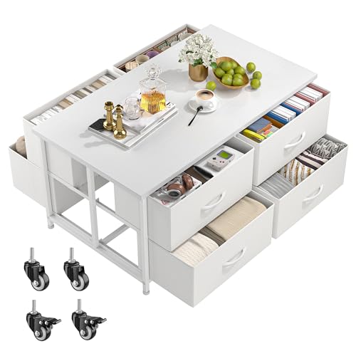 EnHomee Coffee Table with Storage, Modern Coffee Tables for Living Room with 4 Wheels, Center Table with Fabric Drawer and Large Hidden Space for Bedroom, Home, Office, White