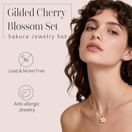 KYNOX Flower Necklace Earrings Set for Women 14K Gold Plated Hypoallergenic Sets Pair with different birthstones for Wedding Party Bridal Bridesmaid Accessories Teacher Valentine Gifts(Gold, 18in, White) — view 4