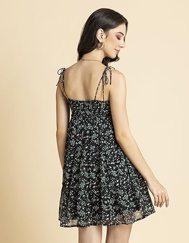 Image of Moomaya Women Printed Mini Dress, Strappy Shoulders Tiered Short Summer Dress