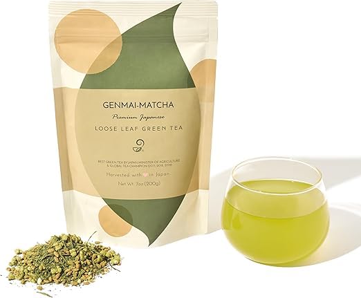 Genmai Matcha Japanese Loose Leaf Green Tea with Brown Rice Fukamushi Sencha Deep Steam Organic Low Caffeine Refreshing