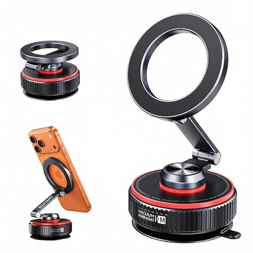 Magnetic Car Phone Mount, 120+ LB Vacuum Suction & 3000gf Magnetic Force, 360° Triple-Axis Adjustable Car Holder for iPhone & All Phones, Twist-Lock Suction Cup, Quick-Release – Black