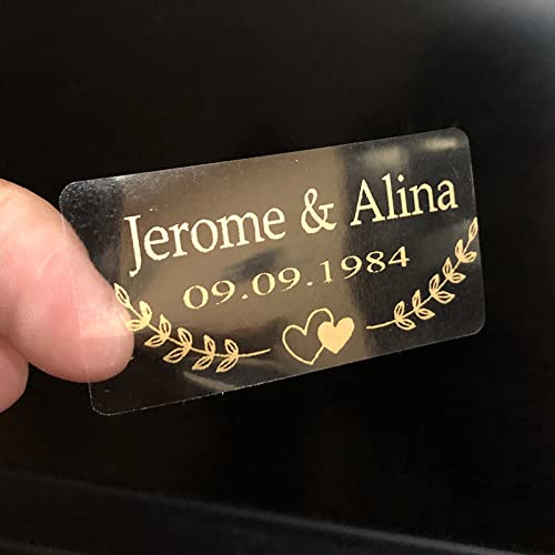 Autocollants transparents personnalisés mariage dore : lot 100 étiquettes 1x3cm