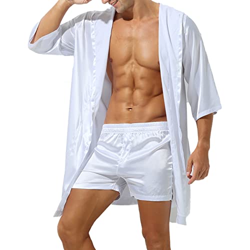 Hedmy Men Sexy Pajamas Silk Satin Pijama Hombre Hooded Bathrobe with Shorts Set Bath Robe Sleepwear2