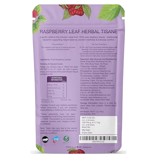 Image of The Tea Trove Organic Red Raspberry Leaf Tea Bags - 40 Pyramid Caffeine Free Raspberry leaf tea Bag in Resealable pouch to Support Women's Wellness, 40 g