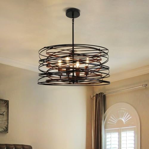 Sedelan 4-Light Farmhouse Industrial Chandelier, Rustic Wood Grain & Black Metal Pendant Lights for Kitchen Island, Dining Room Light Fixtures, Living Room, Adjustable Height, Modern Ceiling Fixture