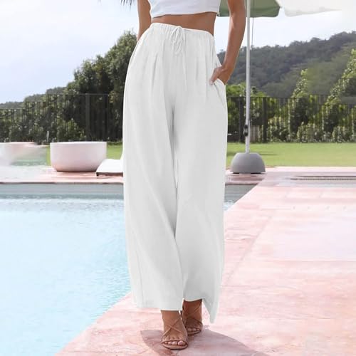 Linen Pants Women,Casual Pants Trendy Wide Leg High Waisted Cotton Linen Drawstring Summer Trouser with Pockets2