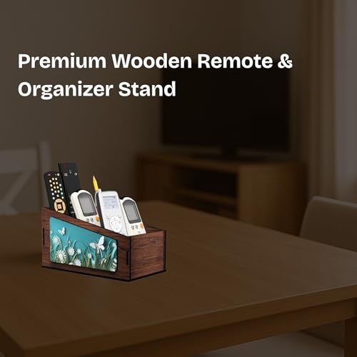 Image of Multipurpose Wooden Remote Stand Organizer with 3 Compartments, Premium Engineered Wood Desk Organizer for TV /AC Remotes, Stationery, Charger, Home & Office Use (Dark Walnut)