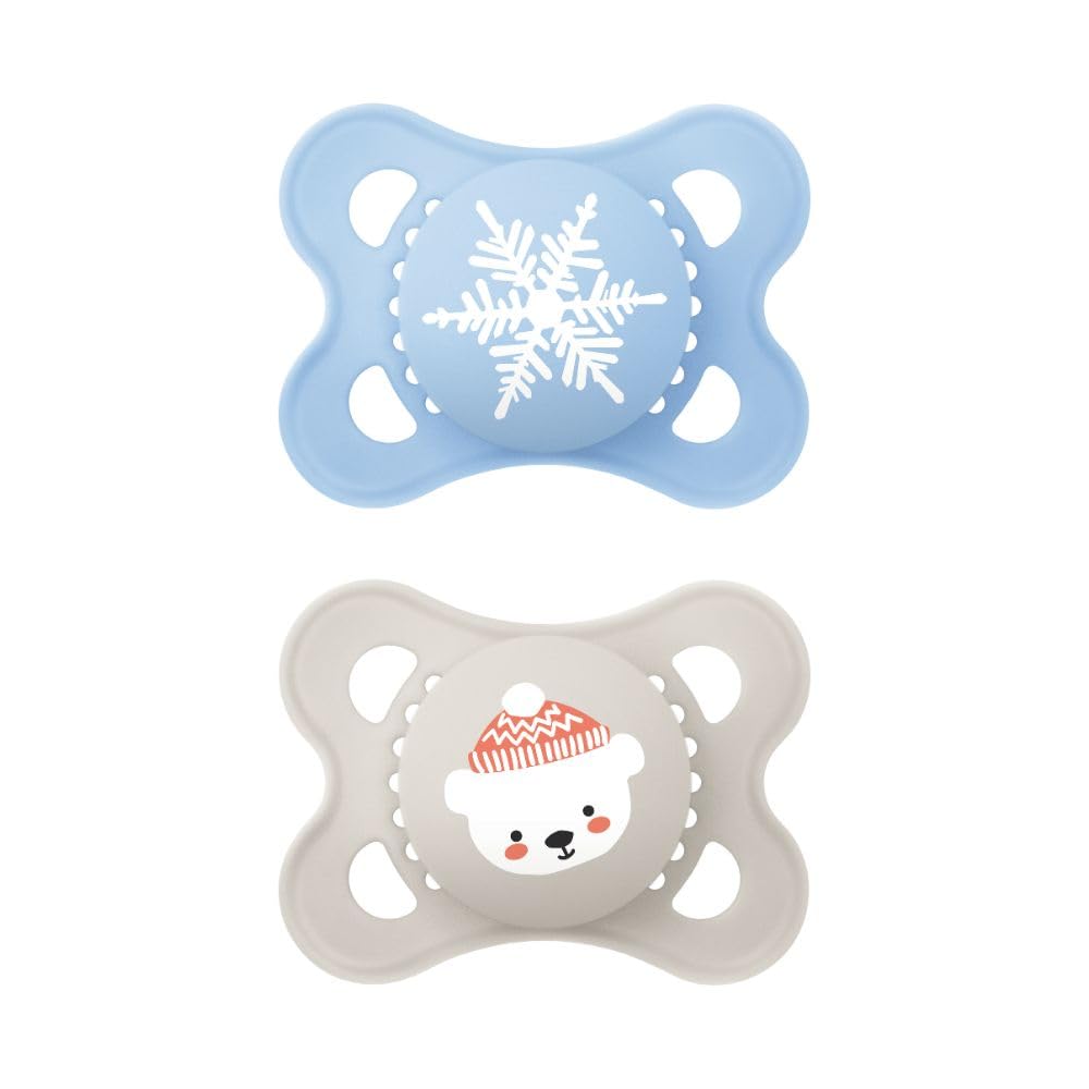 MAM Original Winter Limited Edition Succhietto 2-6 Mesi (Set da 2), Ciuccio MAM 2-6 mesi invernale e natalizio, Regalo neonato con tettarella in silicone e porta ciuccio sterilizzatore, Azzurro